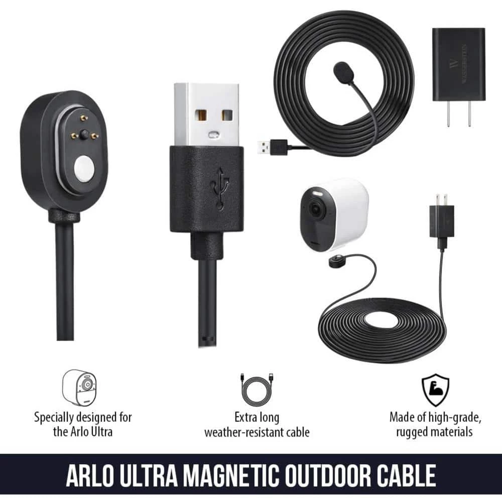 Arlo Ultra/Ultra 2 and Pro 3/Pro 4 Outdoor 25 ft. Magnetic Charging Cable with Quick Charge Power Adapter, Black(2-Pack) by Wasserstein 2 Arlo Ultra/Ultra 2 and Pro 3/Pro 4 Outdoor 25 ft. Magnetic Charging Cable with Quick Charge Power Adapter, Black(2-Pack) by Wasserstein - Image 2