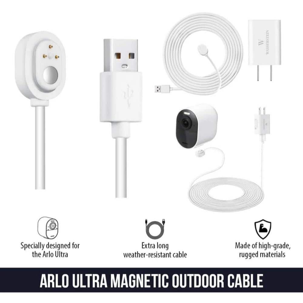 Arlo Ultra/Ultra 2 and Pro 3/Pro 4 Outdoor 25 ft. Magnetic Charging Cable with Quick Charge Power Adapter, White(2-Pack) by Wasserstein 2 Arlo Ultra/Ultra 2 and Pro 3/Pro 4 Outdoor 25 ft. Magnetic Charging Cable with Quick Charge Power Adapter, White(2-Pack) by Wasserstein - Image 2