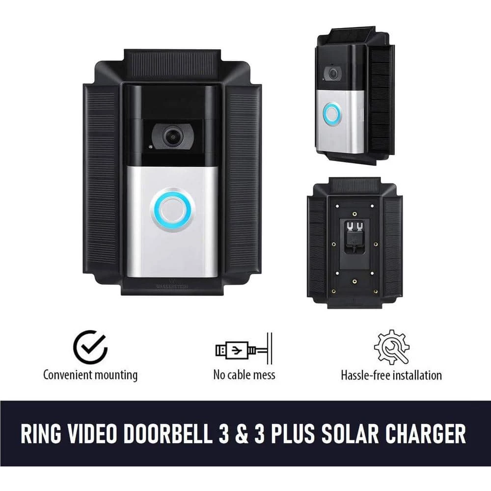 Black Solar Charger Mount for Ring Video Doorbell 3, 3 Plus and 4 - Power Your Ring Doorbell (5-Volt 0.6-Watt) by Wasserstein 2 Black Solar Charger Mount for Ring Video Doorbell 3, 3 Plus and 4 - Power Your Ring Doorbell (5-Volt 0.6-Watt) by Wasserstein - Image 2